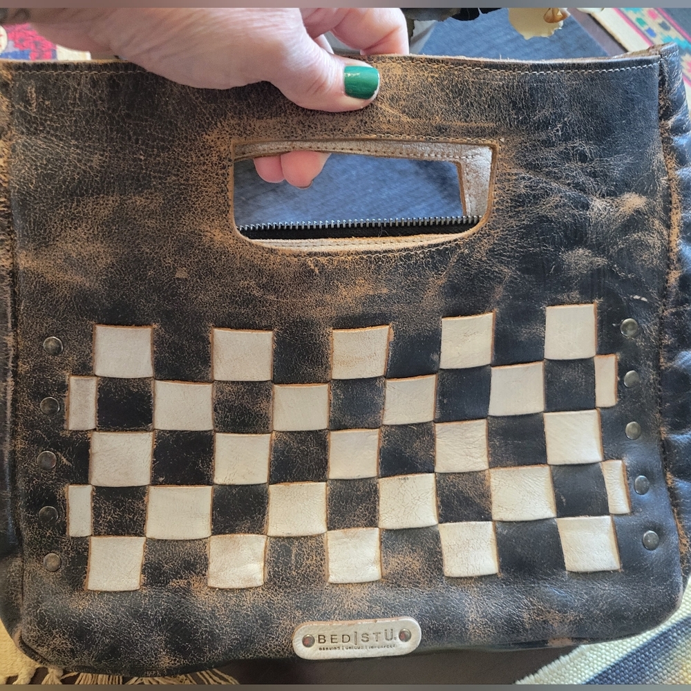 Bed Stu Brown and Cream Checkered Orchid Bag